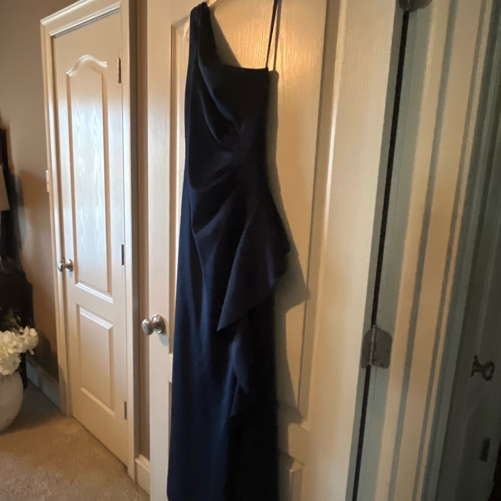 Xscape Asymmetrical Navy Blue One-Shoulder Evening Gown - Picture 3 of 6
